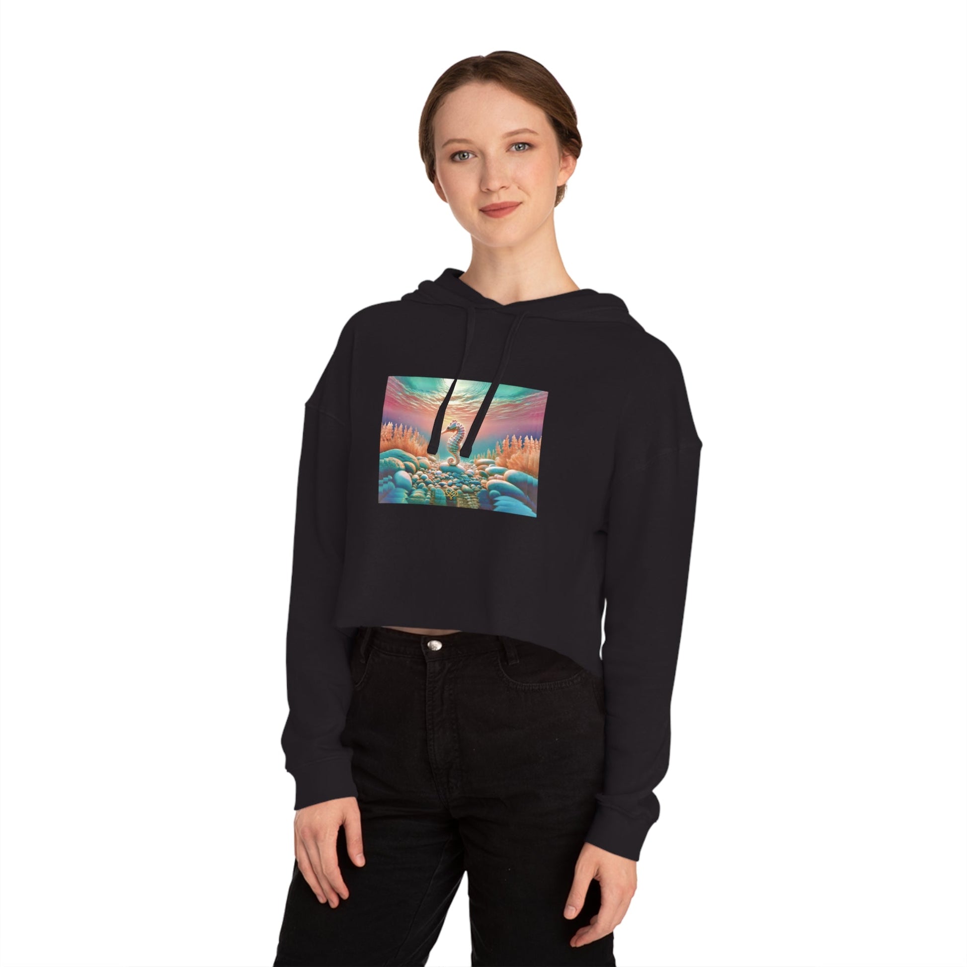 Breeze Baby Cropped Hoodie / "Seahorse" Edition / Women's Cotton Pullover / AI Art Print / The Infinite Dream - The Infinite Dream