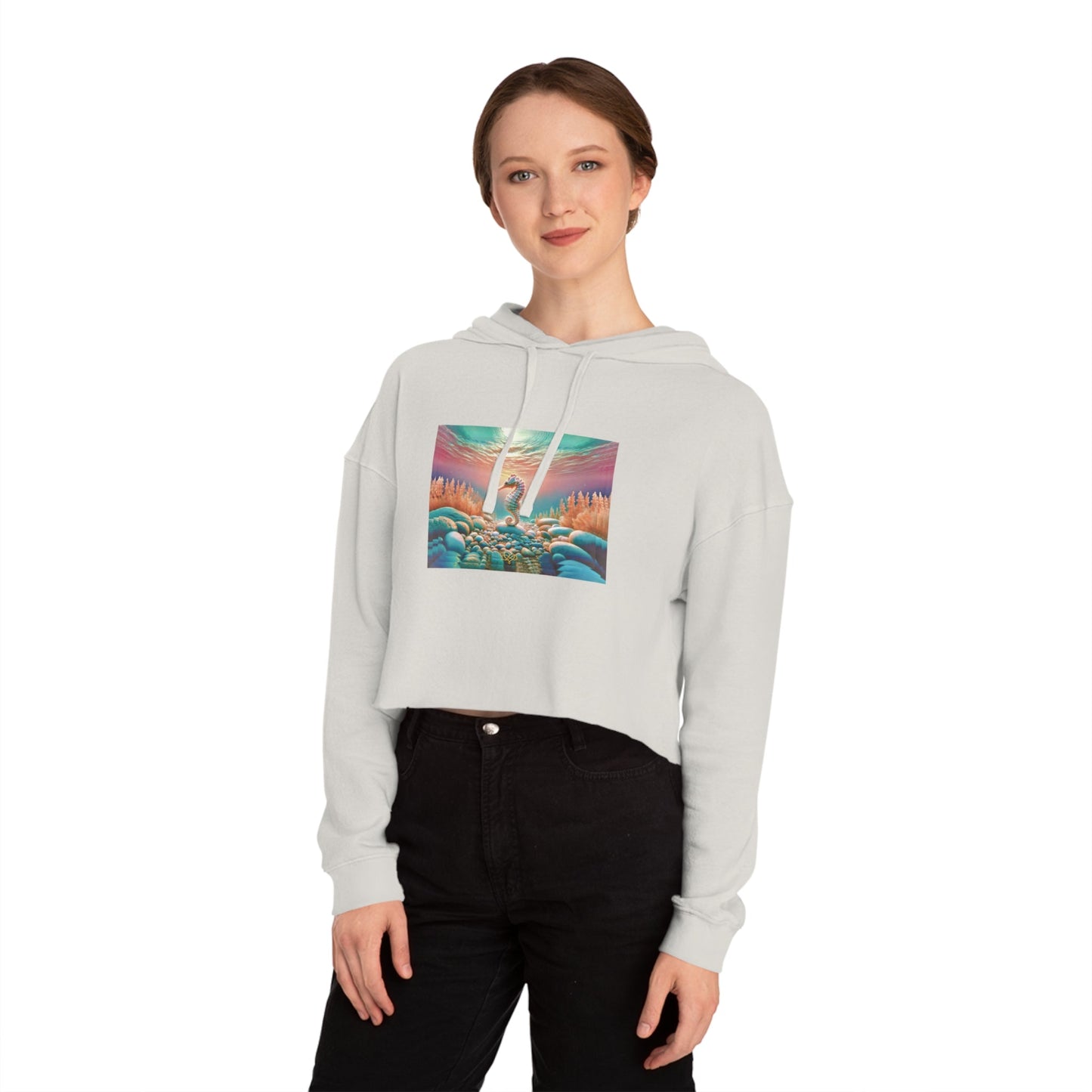 Breeze Baby Cropped Hoodie / "Seahorse" Edition / Women's Cotton Pullover / AI Art Print / The Infinite Dream - The Infinite Dream