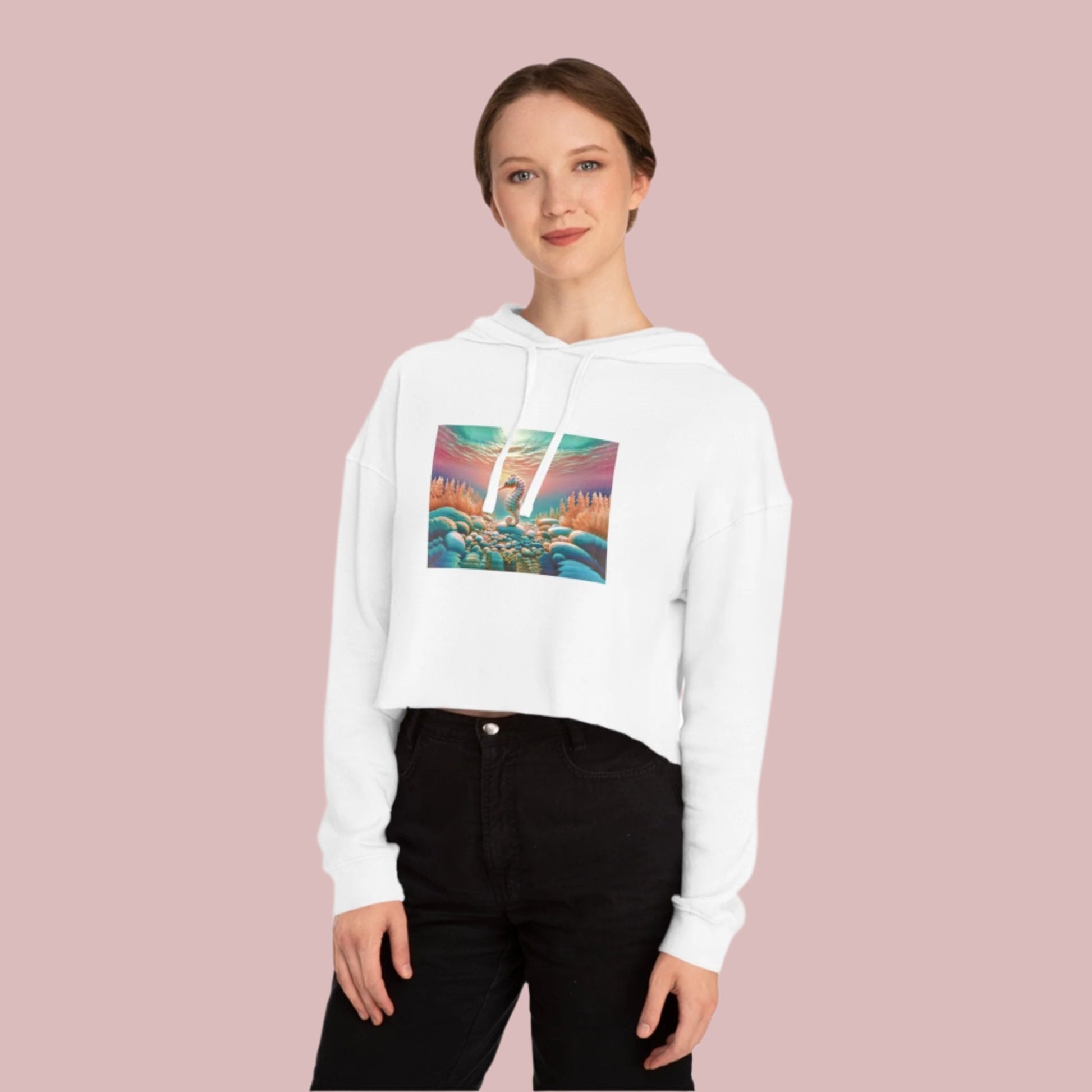 Breeze Baby Cropped Hoodie / "Seahorse" Edition / Women's Cotton Pullover / AI Art Print / The Infinite Dream - The Infinite Dream