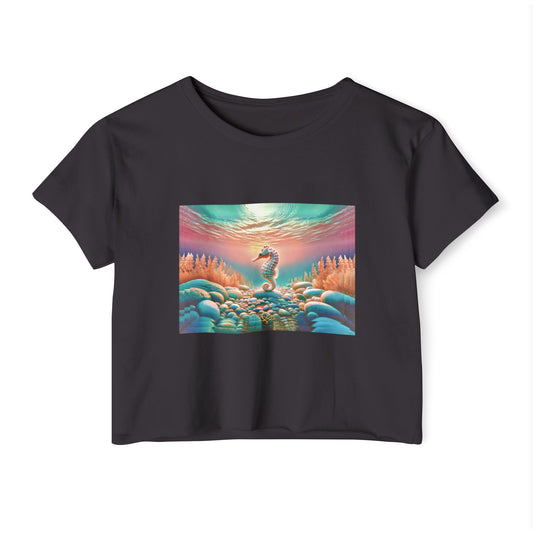 Less is More Crop Top Tee / "Seahorse" Edition / Women's Cotton Jersey T-shirt / AI Art Print / The Infinite Dream - The Infinite Dream